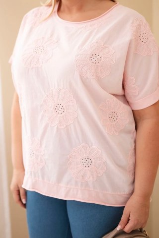 Bluzka damska bawełniana Plus Size z haftowanymi kwiatami cukierkowy róż