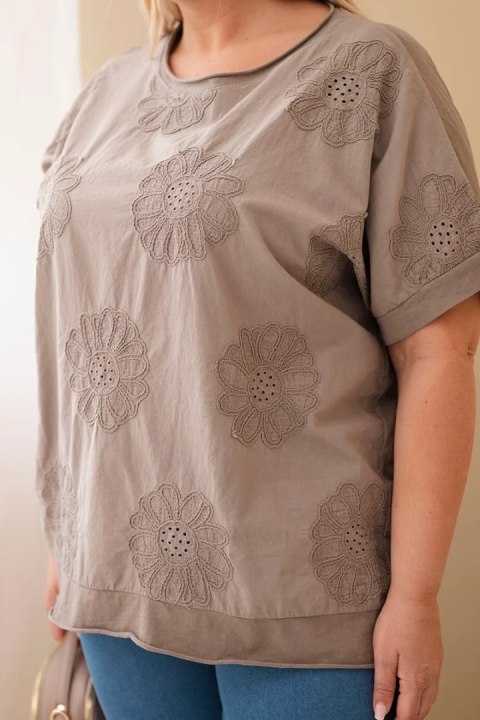 Bluzka damska bawełniana Plus Size z haftowanymi kwiatami fango