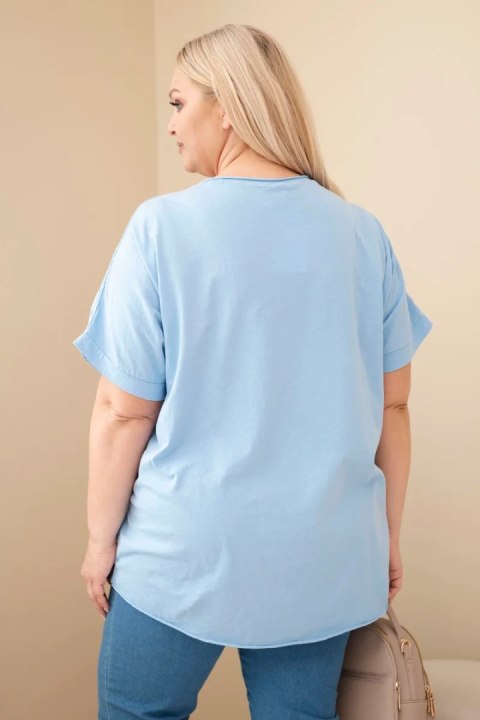 Bluzka damska bawełniana Plus Size z haftowanymi kwiatami niebieska