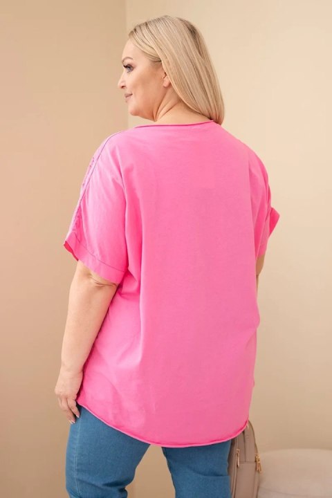 Bluzka damska bawełniana Plus Size z haftowanymi kwiatami różowa