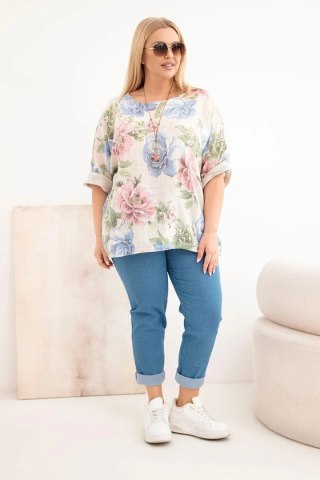 Bluzka damska bawełniana Plus Size z krótkim rękawem i kwiatowym wzorem beżowa