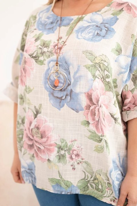 Bluzka damska bawełniana Plus Size z krótkim rękawem i kwiatowym wzorem beżowa