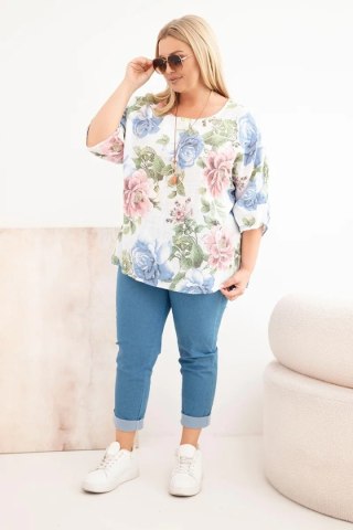 Bluzka damska bawełniana Plus Size z krótkim rękawem i kwiatowym wzorem biała