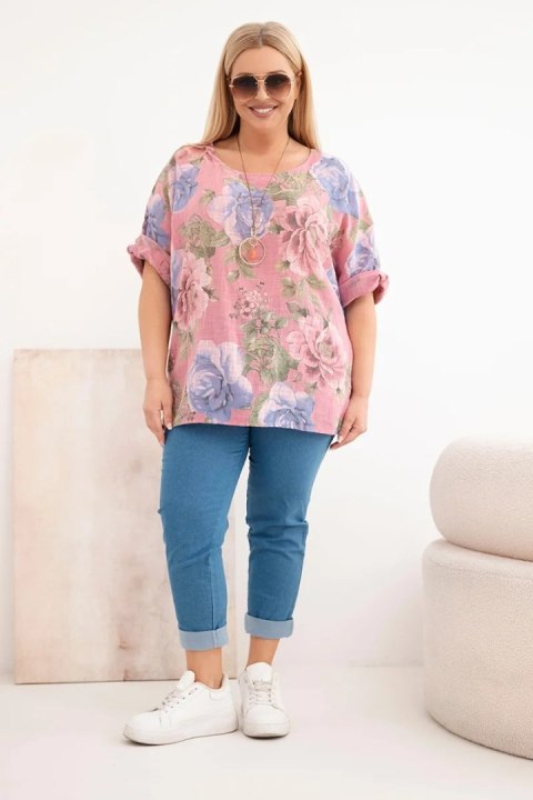Bluzka damska bawełniana Plus Size z krótkim rękawem i kwiatowym wzorem ciemno różowa
