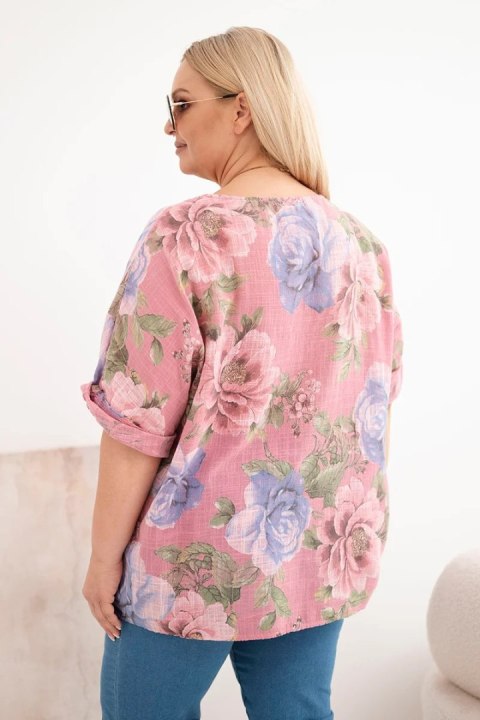 Bluzka damska bawełniana Plus Size z krótkim rękawem i kwiatowym wzorem ciemno różowa