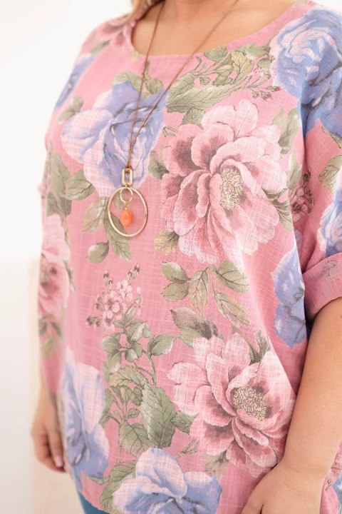Bluzka damska bawełniana Plus Size z krótkim rękawem i kwiatowym wzorem ciemno różowa