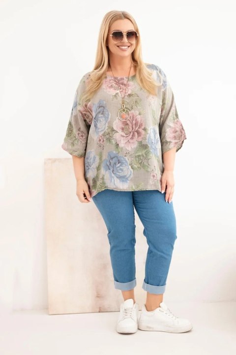 Bluzka damska bawełniana Plus Size z krótkim rękawem i kwiatowym wzorem fango