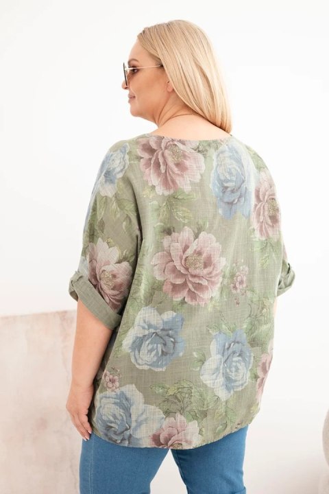 Bluzka damska bawełniana Plus Size z krótkim rękawem i kwiatowym wzorem khaki