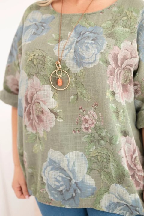 Bluzka damska bawełniana Plus Size z krótkim rękawem i kwiatowym wzorem khaki