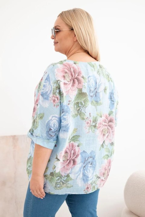 Bluzka damska bawełniana Plus Size z krótkim rękawem i kwiatowym wzorem niebieska