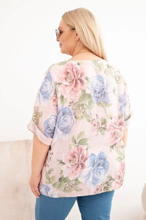 Bluzka damska bawełniana Plus Size z krótkim rękawem i kwiatowym wzorem pudrowy róż