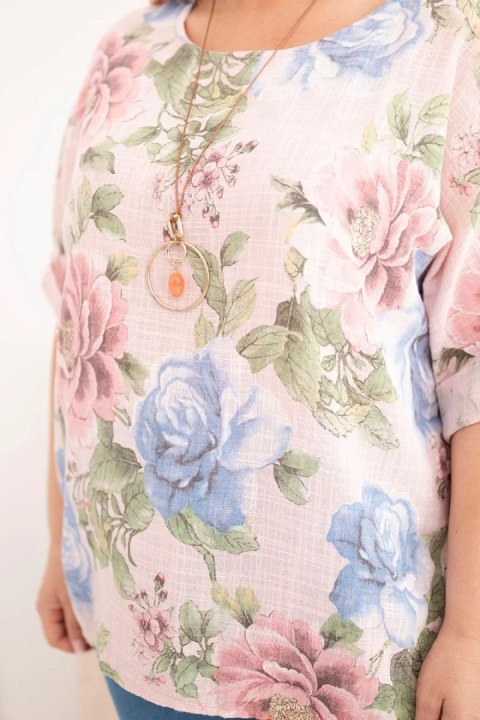 Bluzka damska bawełniana Plus Size z krótkim rękawem i kwiatowym wzorem pudrowy róż