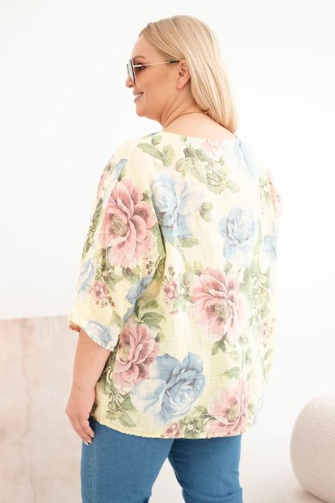 Bluzka damska bawełniana Plus Size z krótkim rękawem i kwiatowym wzorem żółta