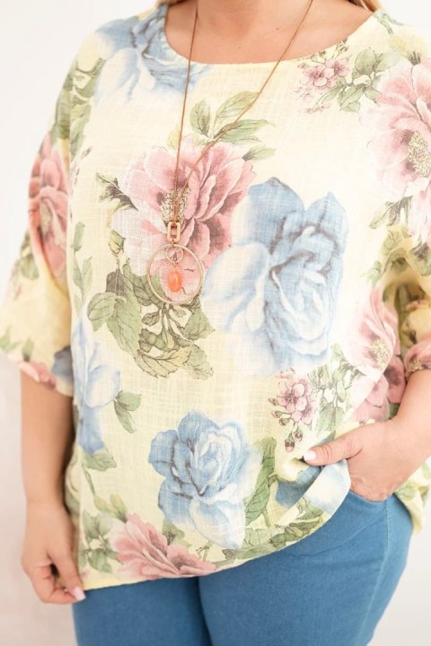 Bluzka damska bawełniana Plus Size z krótkim rękawem i kwiatowym wzorem żółta