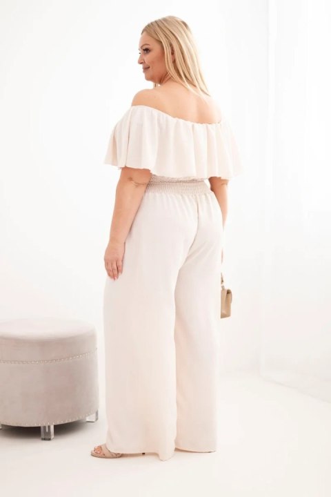 Kombinezon damski wiskozowy Plus Size hiszpanka z falbaną i szeroką nogawką beżowy