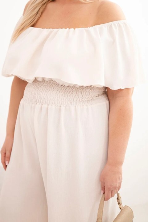 Kombinezon damski wiskozowy Plus Size hiszpanka z falbaną i szeroką nogawką beżowy