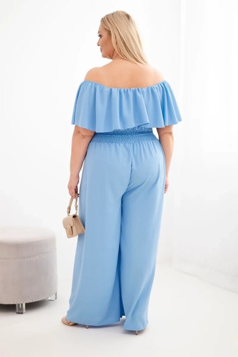 Kombinezon damski wiskozowy Plus Size hiszpanka z falbaną i szeroką nogawką niebieski