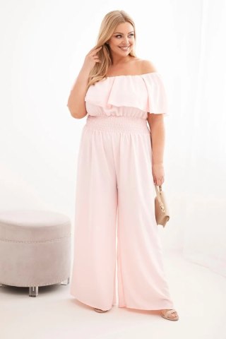 Kombinezon damski wiskozowy Plus Size hiszpanka z falbaną i szeroką nogawką pudrowy róż