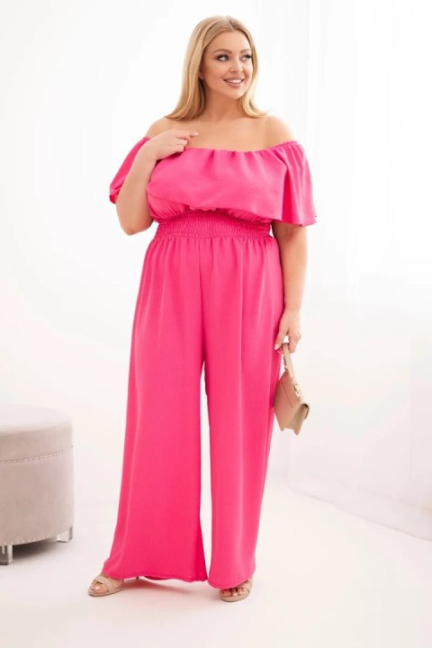 Kombinezon damski wiskozowy Plus Size hiszpanka z falbaną i szeroką nogawką różowy