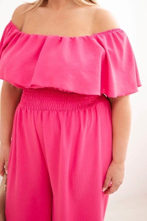 Kombinezon damski wiskozowy Plus Size hiszpanka z falbaną i szeroką nogawką różowy