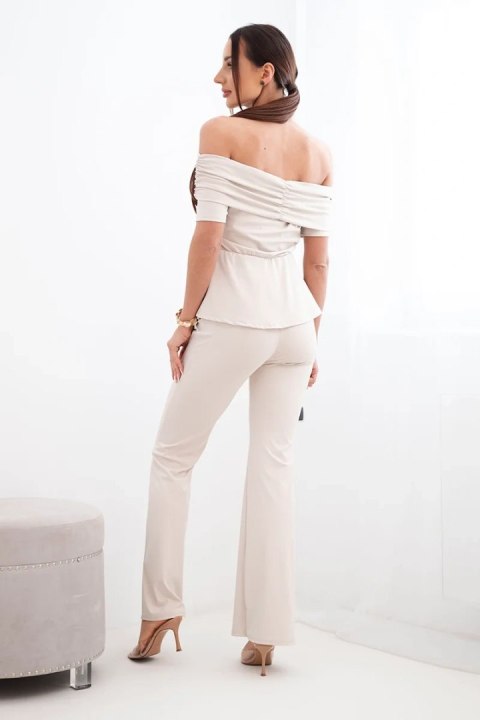 Komplet damska hiszpanka z falbaną i szerokimi spodniami beżowy