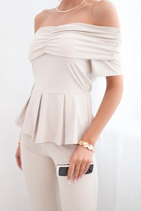 Komplet damska hiszpanka z falbaną i szerokimi spodniami beżowy