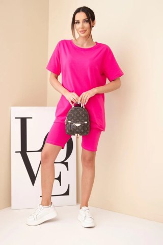 Komplet damski bawełniany z krótkim rękawem i dopasowanymi spodenkami fuksja