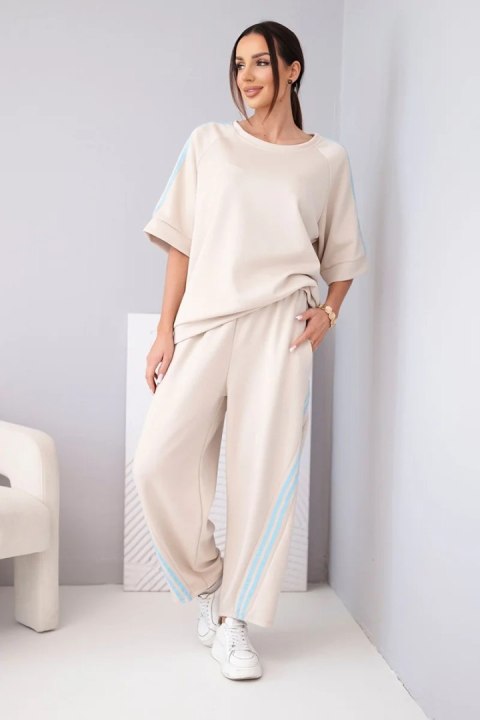 Komplet damski masełkowy z wiskozy bluza i spodnie z lampasami beżowy + niebieski