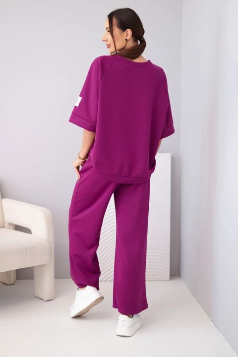 Komplet damski masełkowy z wiskozy bluza i szerokie spodnie śliwkowy