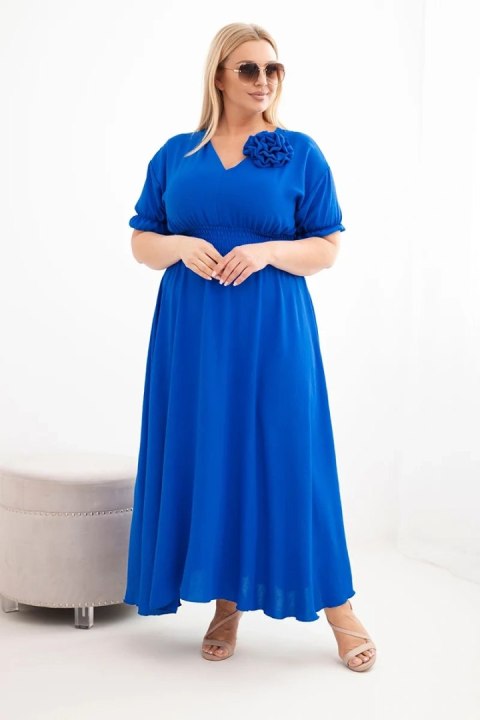 Sukienka damska wiskozowa Plus Size z dekoltem V i marszczoną talią chabrowa