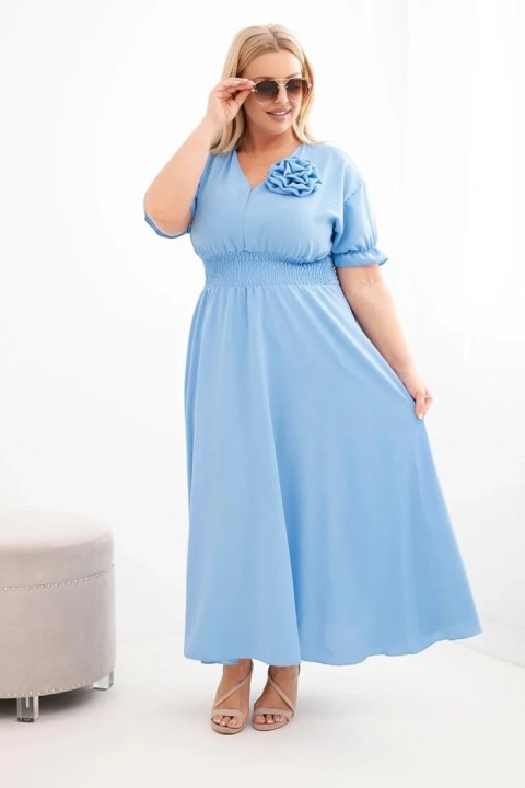 Sukienka damska wiskozowa Plus Size z dekoltem V i marszczoną talią niebieska