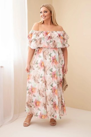 Sukienka damska wiskozowa Plus Size z falbaną hiszpanka i elastyczną talią maxi beżowa