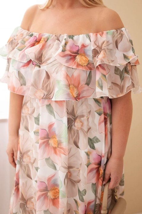 Sukienka damska wiskozowa Plus Size z falbaną hiszpanka i elastyczną talią maxi beżowa