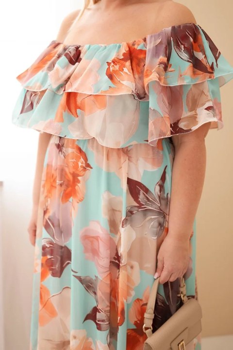 Sukienka damska wiskozowa Plus Size z falbaną hiszpanka i elastyczną talią maxi miętowa