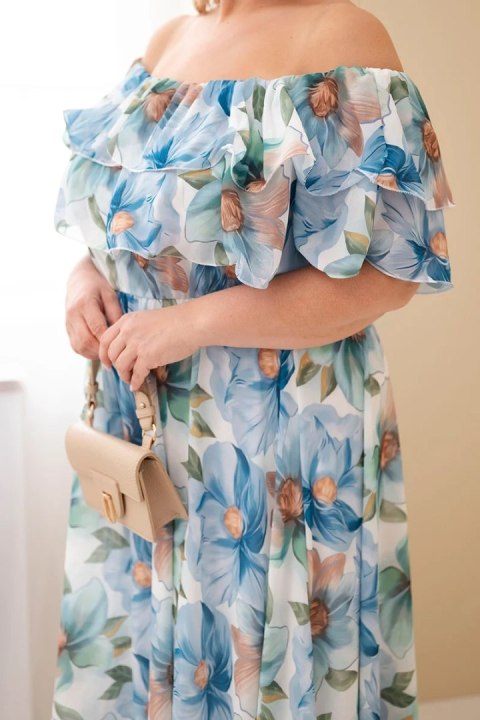 Sukienka damska wiskozowa Plus Size z falbaną hiszpanka i elastyczną talią maxi niebieska