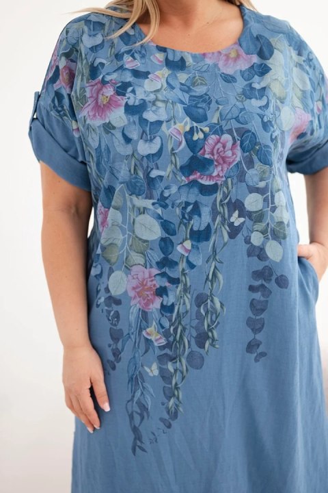 Sukienka damska wiskozowa Plus Size z krótkim rękawem i rozcięciami po bokach jeansowa