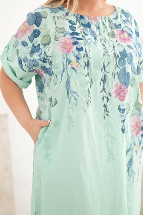 Sukienka damska wiskozowa Plus Size z krótkim rękawem i rozcięciami po bokach miętowa