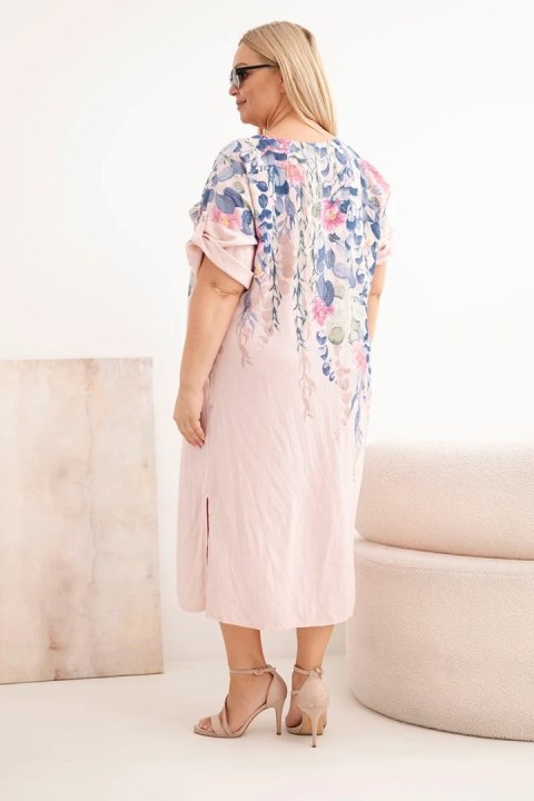 Sukienka damska wiskozowa Plus Size z krótkim rękawem i rozcięciami po bokach pudrowy róż