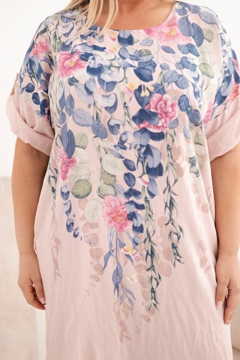 Sukienka damska wiskozowa Plus Size z krótkim rękawem i rozcięciami po bokach pudrowy róż