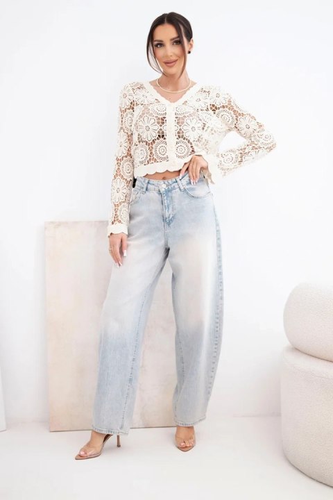 Sweter damski ażurowy letni z guzikami i długim rękawem beżowy