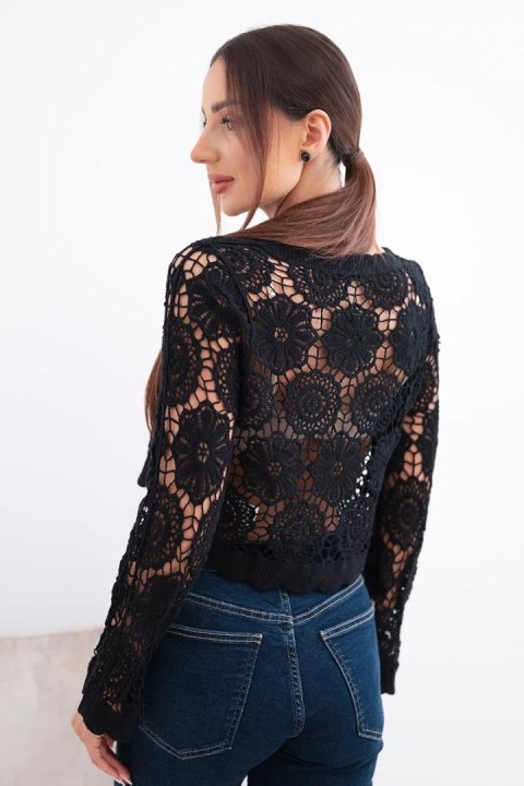 Sweter damski ażurowy letni z guzikami i długim rękawem czarny