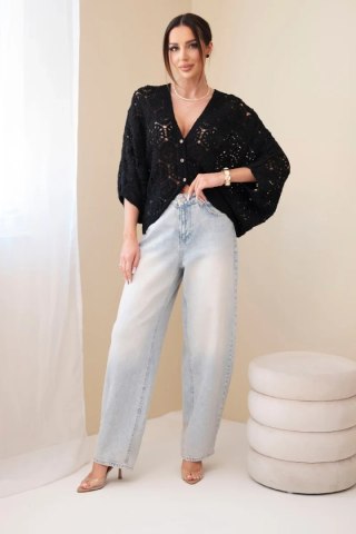 Sweter damski ażurowy oversize zapinany na guziki z dekoltem V czarny