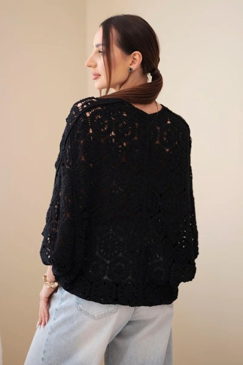 Sweter damski ażurowy oversize zapinany na guziki z dekoltem V czarny