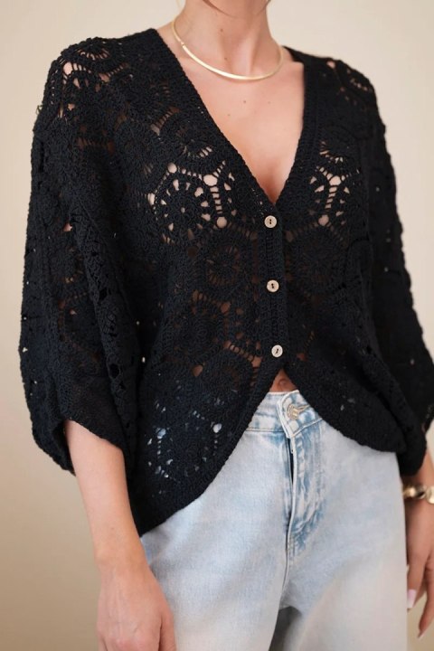 Sweter damski ażurowy oversize zapinany na guziki z dekoltem V czarny