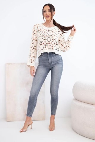 Sweter damski bawełniany ażurowy z ozdobnym splotem beżowy