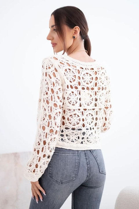 Sweter damski bawełniany ażurowy z ozdobnym splotem beżowy