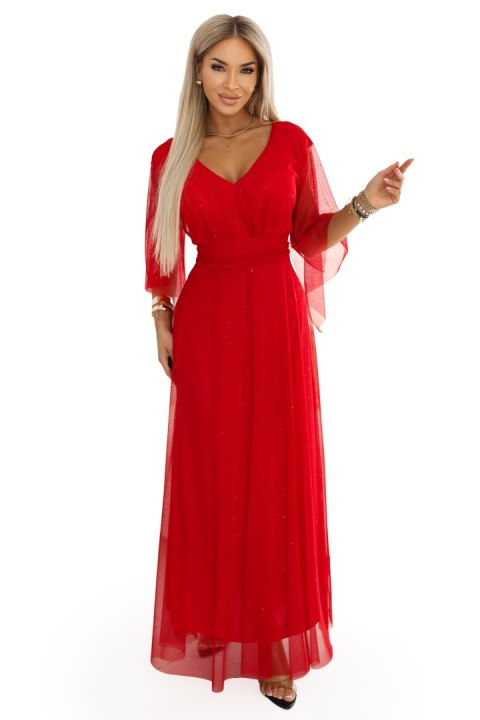655-5 Długa połyskująca w świetle suknia z dekoltem i transparentnym rękawkiem - czerwona