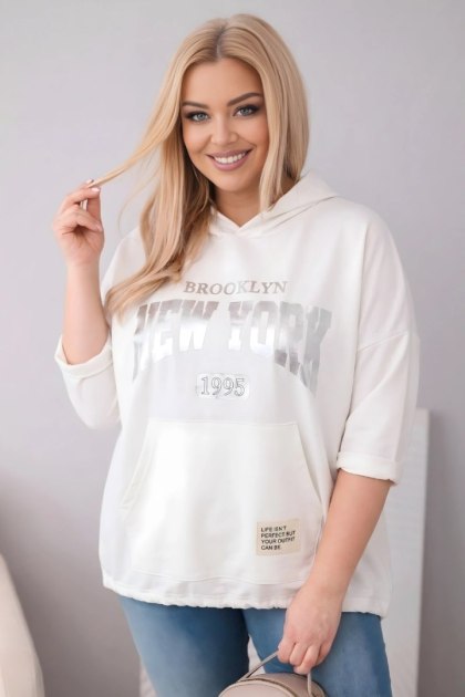 Bluza damska Plus Size wiskozowa z kapturem i kieszenią kangurką ecru