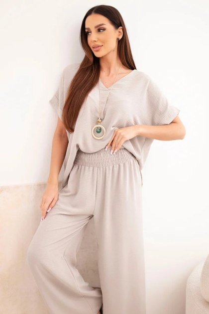 Komplet z naszyjnikiem bluzka + spodnie ciemny beżowy