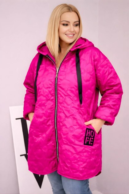Kurtka damska Plus Size pikowana z kapturem i napisem HOPE fuksja